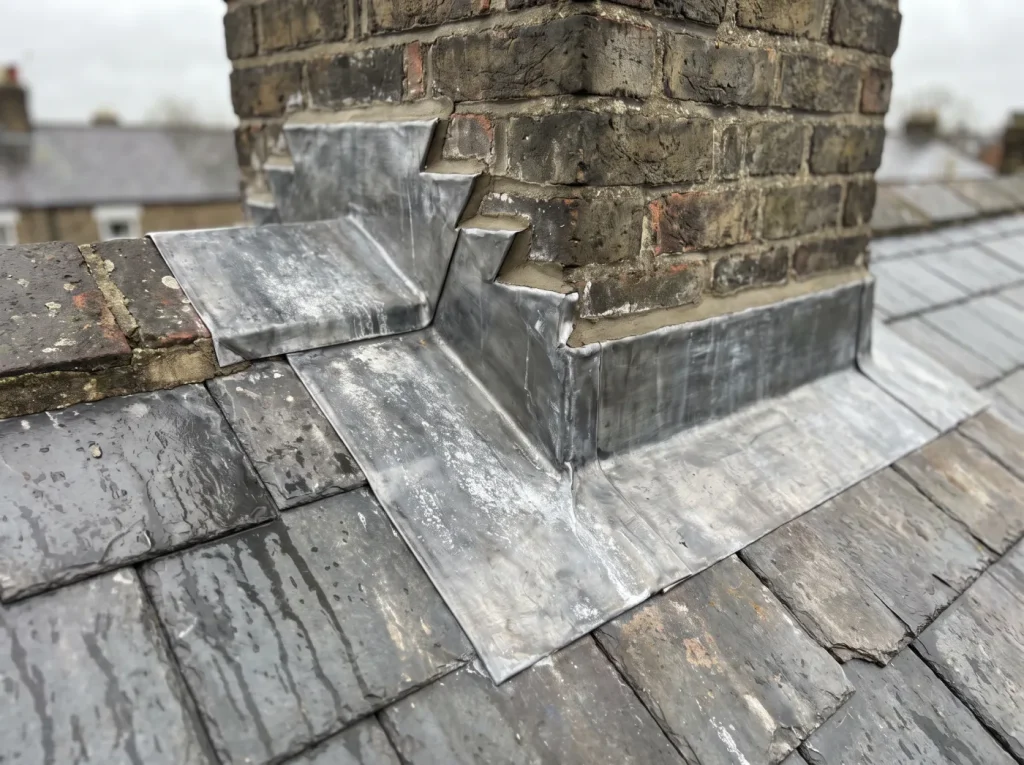 A newly dressed lead chimney flashing with stepped flashings on a slate roof