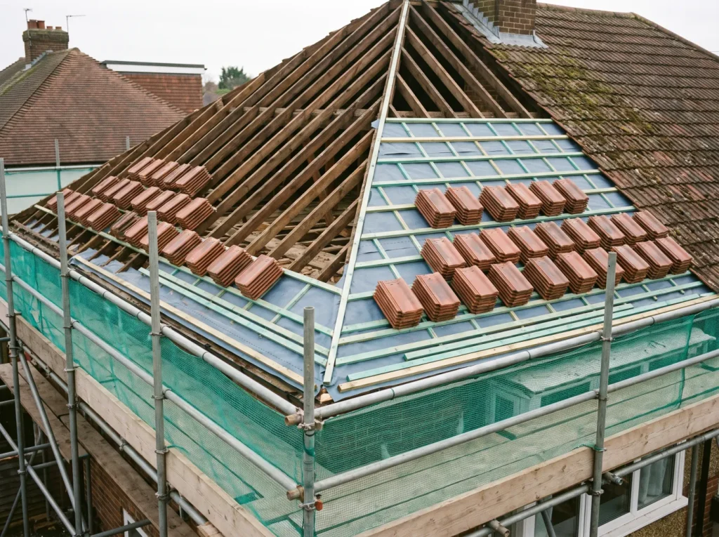 A roof being replaced