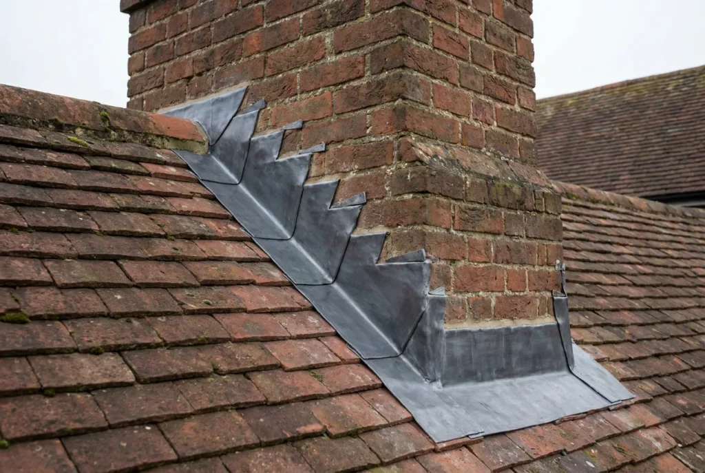New stepped lead flashing and apron around a brick chimney