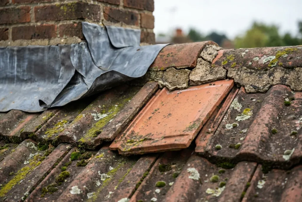 Roof defects found on an inspection: cracked mortar, a slipped tile and lifted lead