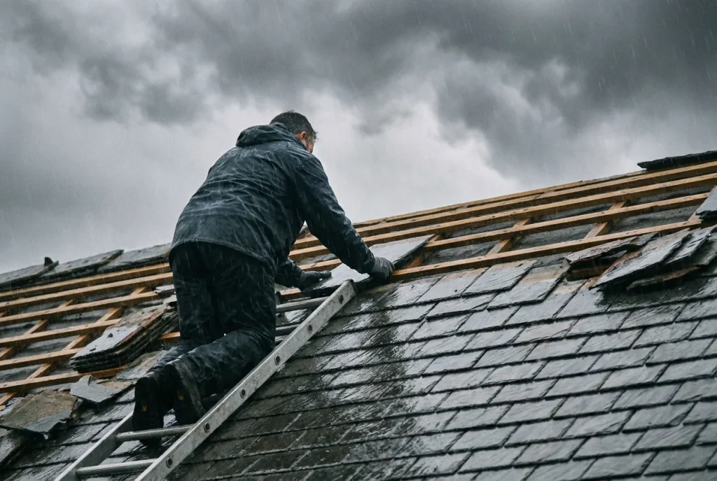 A roofer making a storm-damaged roof safe in the rain